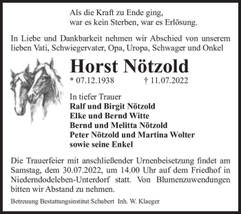 Traueranzeige von Horst Nötzold  von Magdeburger Volksstimme