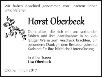 Traueranzeige von Horst Oberbeck  von Magdeburger Volksstimme