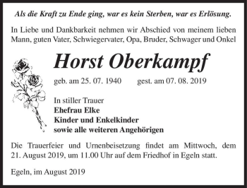 Traueranzeige von Horst Oberkampf  von Magdeburger Volksstimme