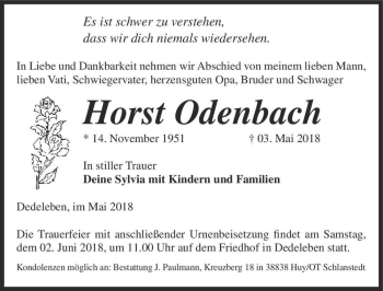 Traueranzeige von Horst Odenbach  von Magdeburger Volksstimme