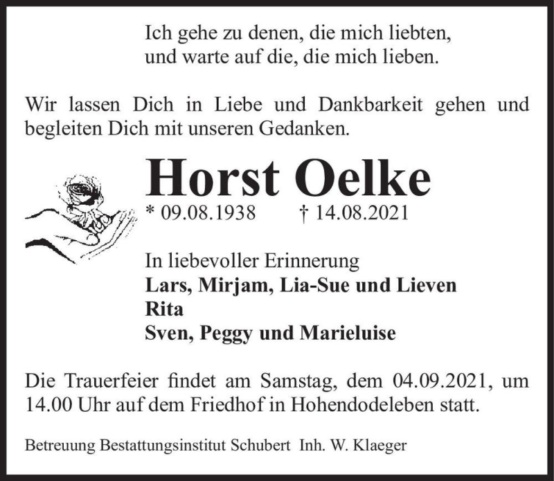  Traueranzeige für Horst Oelke  vom 28.08.2021 aus Magdeburger Volksstimme