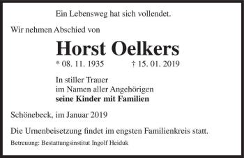 Traueranzeige von Horst Oelkers  von Magdeburger Volksstimme