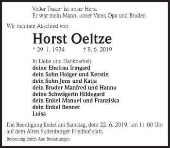 Traueranzeige von Horst Oeltze  von Magdeburger Volksstimme