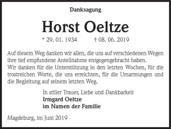 Traueranzeige von Horst Oeltze  von Magdeburger Volksstimme