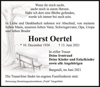Traueranzeige von Horst Oertel  von Magdeburger Volksstimme