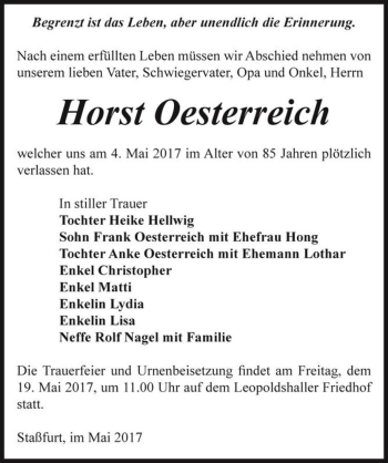 Traueranzeige von Horst Oesterreich  von Magdeburger Volksstimme