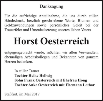 Traueranzeige von Horst Oesterreich  von Magdeburger Volksstimme