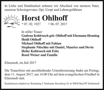 Traueranzeige von Horst Ohlhoff  von Magdeburger Volksstimme
