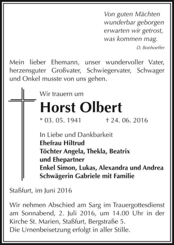 Traueranzeige von Horst Olbert  von Magdeburger Volksstimme