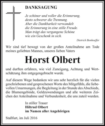 Traueranzeige von Horst Olbert  von Magdeburger Volksstimme