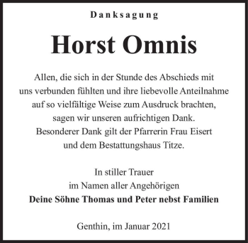 Traueranzeige von Horst Omnis  von Magdeburger Volksstimme