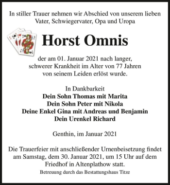 Traueranzeige von Horst Omnis  von Magdeburger Volksstimme