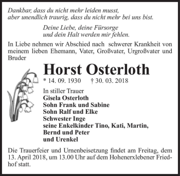 Traueranzeige von Horst Osterloth  von Magdeburger Volksstimme