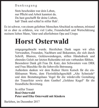 Traueranzeige von Horst Osterwald  von Magdeburger Volksstimme