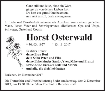 Traueranzeige von Horst Osterwald  von Magdeburger Volksstimme