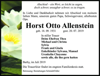 Traueranzeige von Horst Otto Allenstein  von Magdeburger Volksstimme
