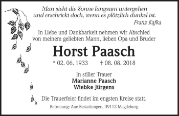 Traueranzeige von Horst Paasch  von Magdeburger Volksstimme