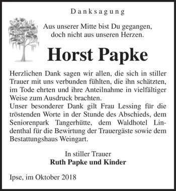 Traueranzeige von Horst Papke  von Magdeburger Volksstimme