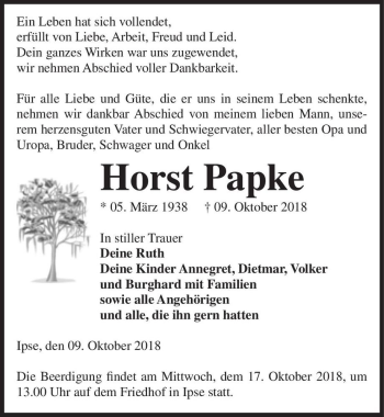 Traueranzeige von Horst Papke  von Magdeburger Volksstimme