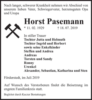 Traueranzeige von Horst Pasemann  von Magdeburger Volksstimme