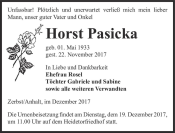 Traueranzeige von Horst Pasicka  von Magdeburger Volksstimme
