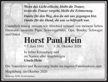 Traueranzeige von Horst Paul Hein  von Magdeburger Volksstimme