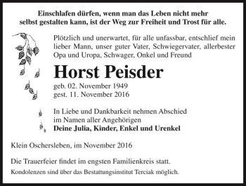 Traueranzeige von Horst Peisder  von Magdeburger Volksstimme