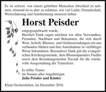 Traueranzeige von Horst Peisder  von Magdeburger Volksstimme