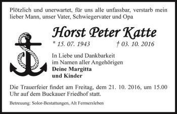 Traueranzeige von Horst Peter Katte  von Magdeburger Volksstimme