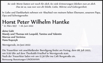 Traueranzeige von Horst Peter Wilhelm Hantke  von Magdeburger Volksstimme