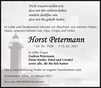 Traueranzeige von Horst Petermann  von Magdeburger Volksstimme