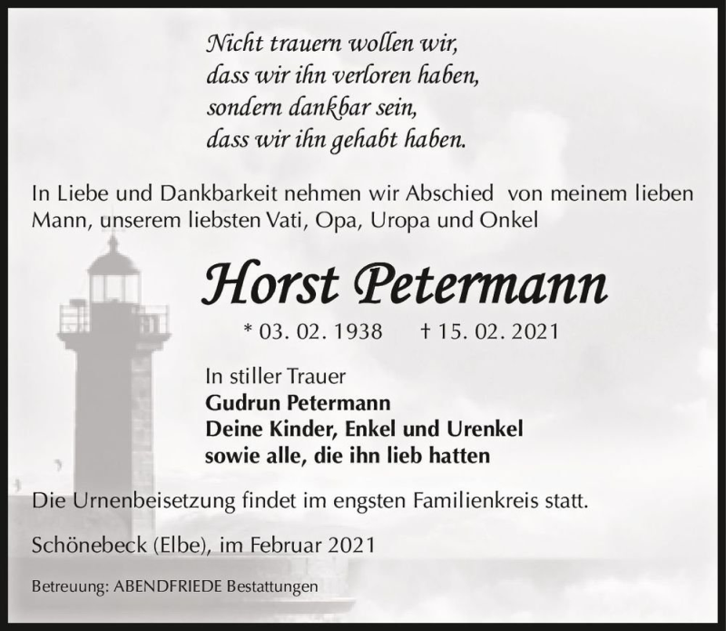 Traueranzeige für Horst Petermann  vom 20.02.2021 aus Magdeburger Volksstimme