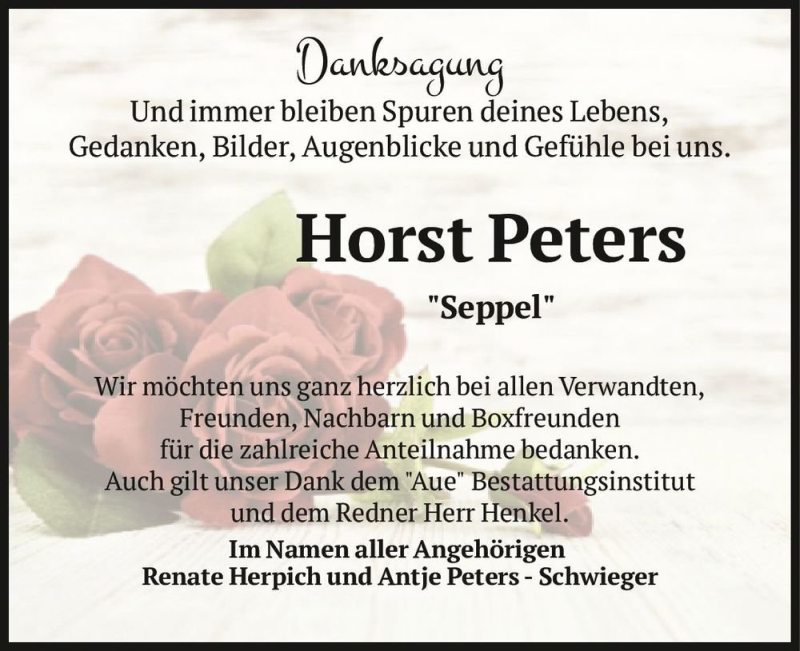  Traueranzeige für Horst Peters 