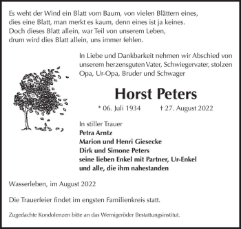 Traueranzeige von Horst Peters  von Magdeburger Volksstimme