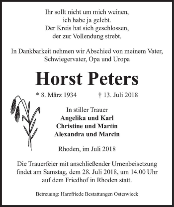 Traueranzeige von Horst Peters  von Magdeburger Volksstimme