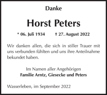 Traueranzeige von Horst Peters  von Magdeburger Volksstimme
