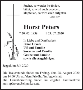 Traueranzeige von Horst Peters  von Magdeburger Volksstimme
