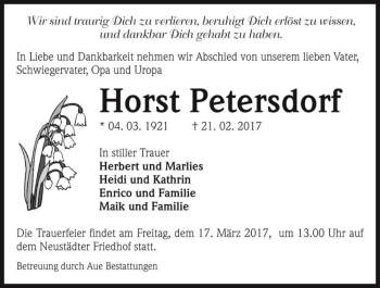 Traueranzeige von Horst Petersdorf  von Magdeburger Volksstimme