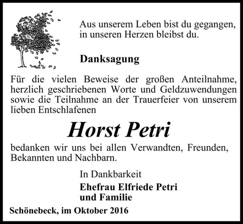  Traueranzeige für Horst Petri  vom 22.10.2016 aus Magdeburger Volksstimme