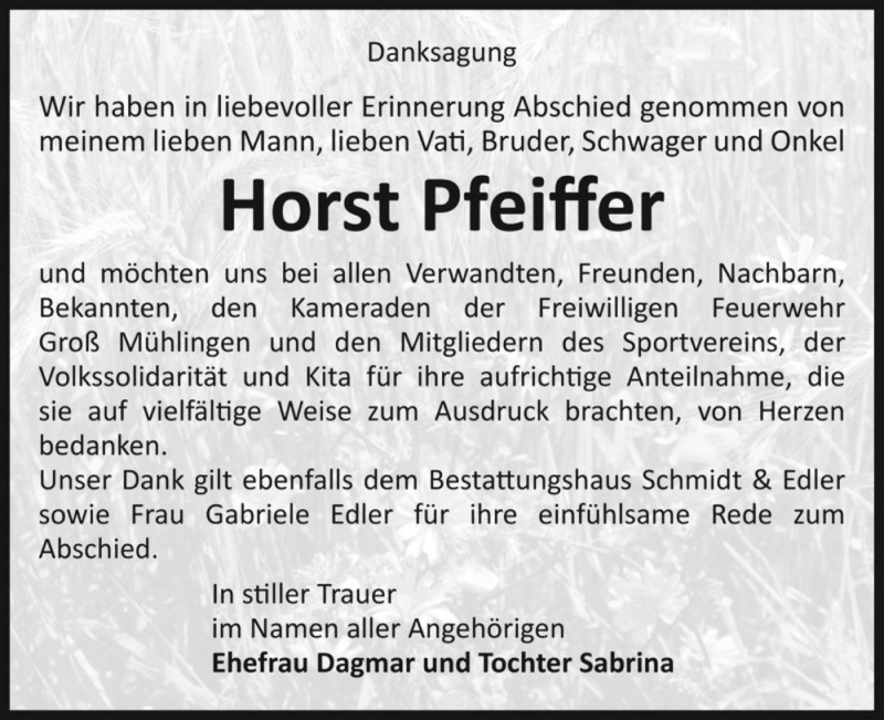  Traueranzeige für Horst Pfeiffer  vom 05.08.2017 aus Magdeburger Volksstimme