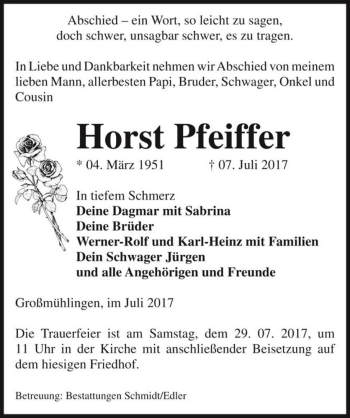 Traueranzeige von Horst Pfeiffer  von Magdeburger Volksstimme