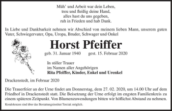 Traueranzeige von Horst Pfeiffer  von Magdeburger Volksstimme