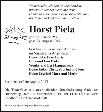 Traueranzeige von Horst Piela  von Magdeburger Volksstimme