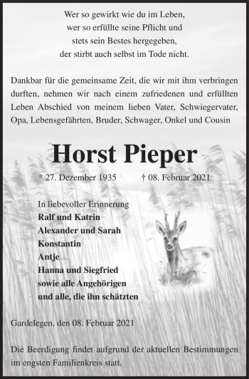 Traueranzeige von Horst Pieper  von Magdeburger Volksstimme