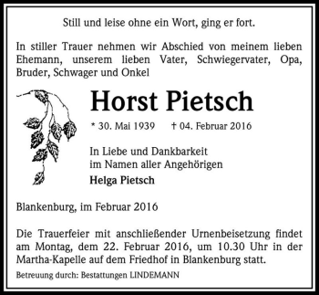 Traueranzeige von Horst Pietsch  von Magdeburger Volksstimme