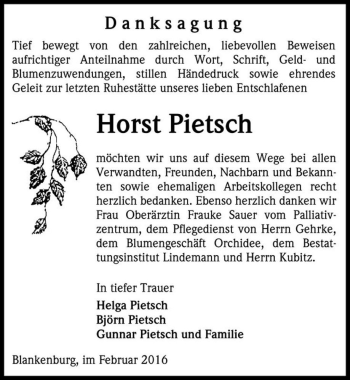 Traueranzeige von Horst Pietsch  von Magdeburger Volksstimme