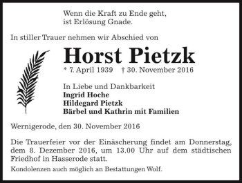 Traueranzeige von Horst Pietzk  von Magdeburger Volksstimme