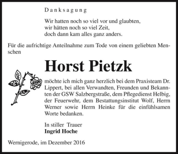 Traueranzeige von Horst Pietzk  von Magdeburger Volksstimme