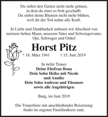 Traueranzeige von Horst Pitz  von Magdeburger Volksstimme