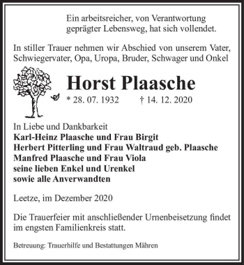 Traueranzeige von Horst Plaasche  von Magdeburger Volksstimme